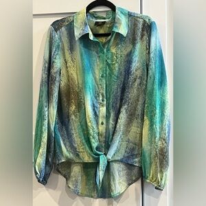 NWOT JM Collection Dreamy Blue Green Print Long Sleeve Tie-Hem Button Up - Sz M